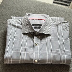 Bugatchi Men's Gray Checkered Button Down Classic Fit Shirt
